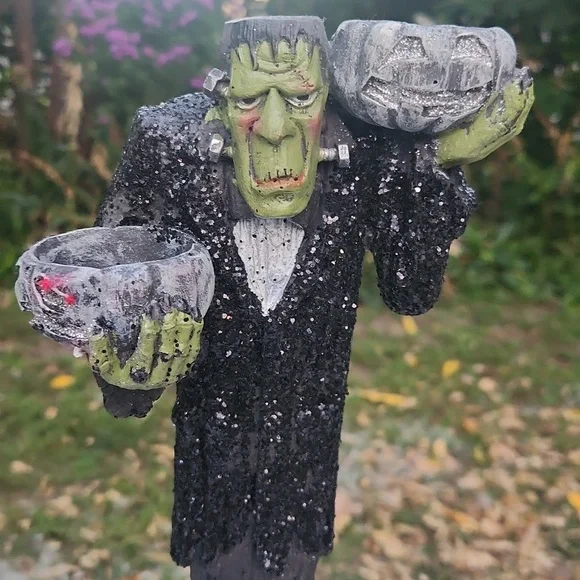Frankenstein Halloween , Long Pumpkin Candle Holders W Glitter Detail "Beware" - Picture 2 of 8